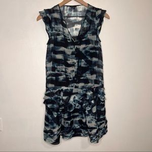 Theory Silk Ruffle Blue Black White V Neck Sleeveless Dress Sz 0